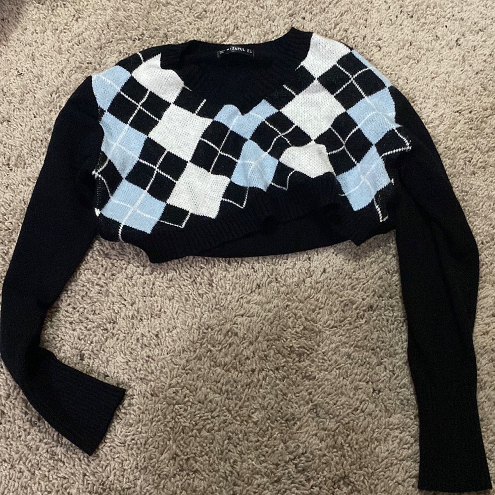 Blue and White Checkered Navy Sweater